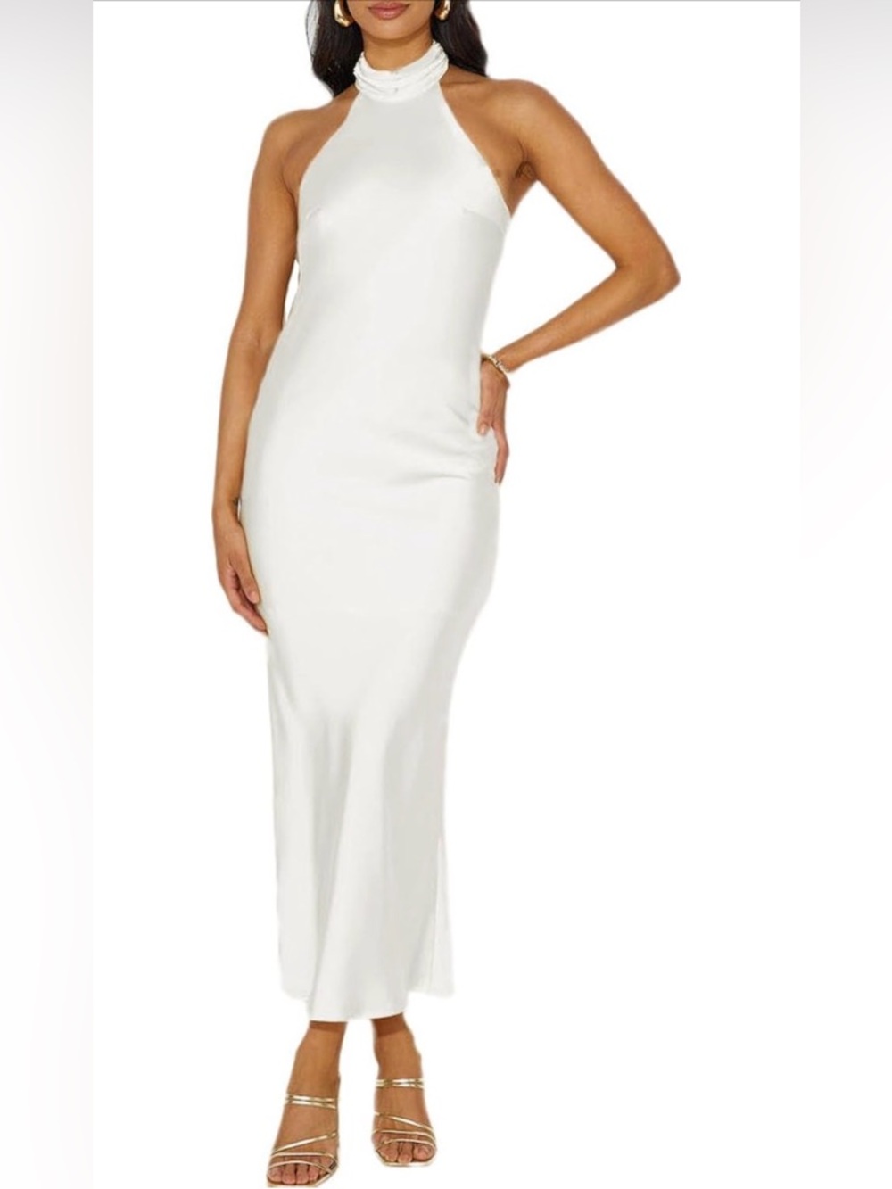 Sexy white satin halter neck, backless dress. Size S
